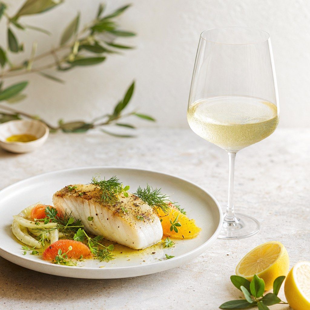 Fischfilet mit Gemüse und einem Glas Weißwein.