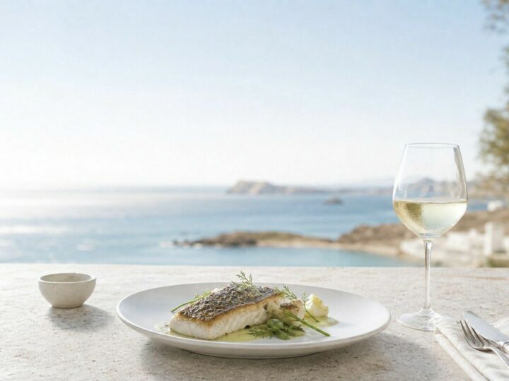 Fischfilet mit einem Glas Weißwein vor mediterrander Küstenlandschaft.