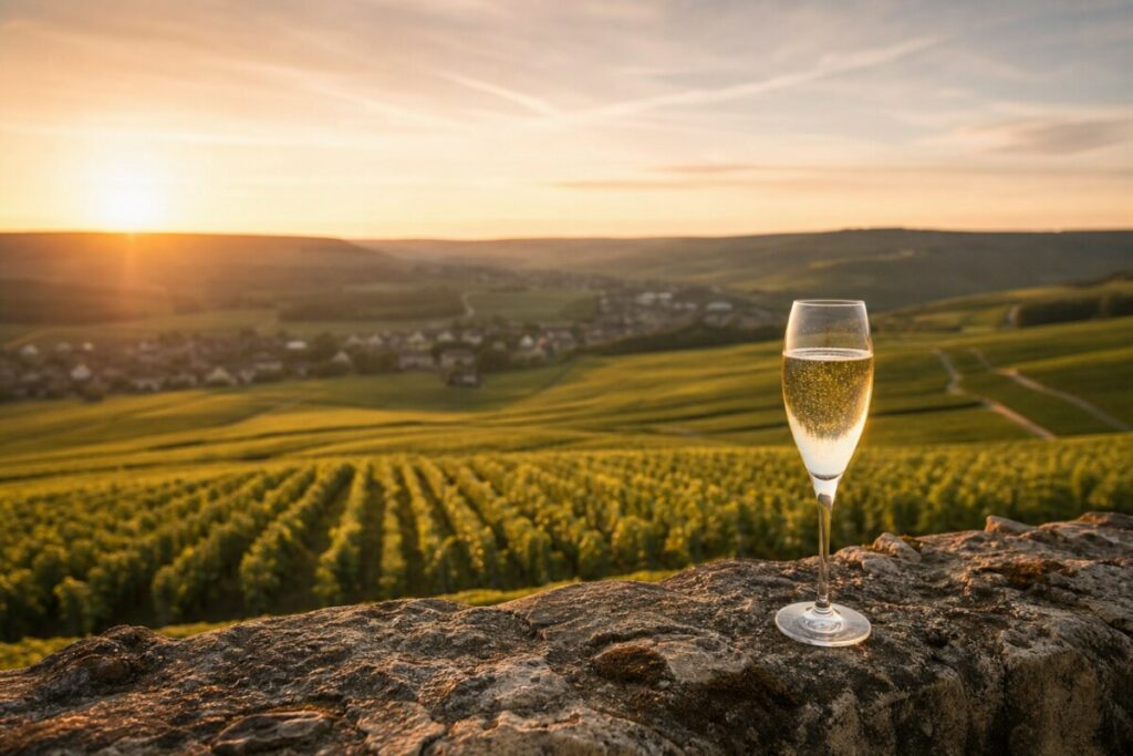 Ein Champagner-Glas steht auf einer Mauer in der französischen Champagne.