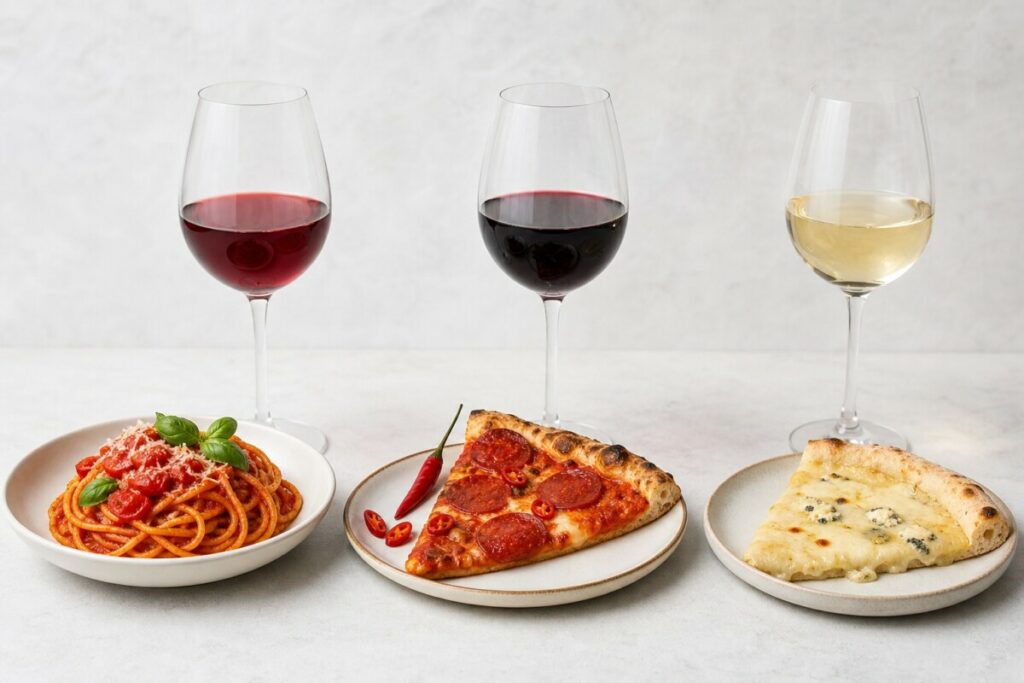 Drei verschiedenfarbige Gläser Wein mit Pastagericht und Pizzen.