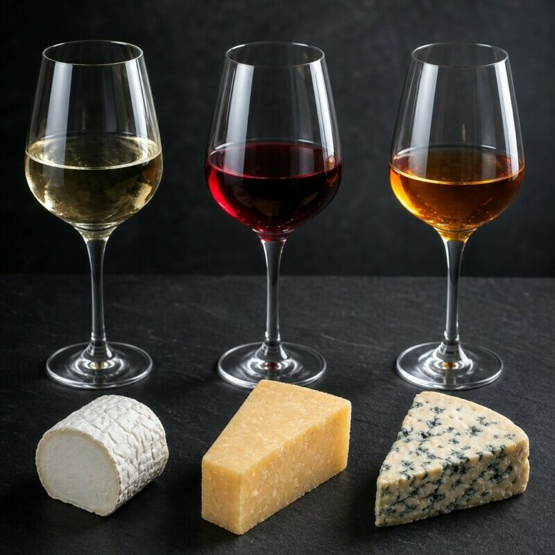 Drei Gläser Wein in verschiedenen Farben zu verschiedenen Käsesorten.