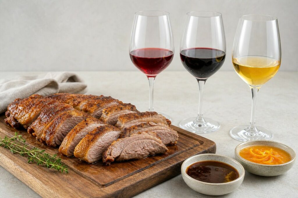 Gebratene Ente mit Soßen und drei Gläsern Rot- und Weißwein.