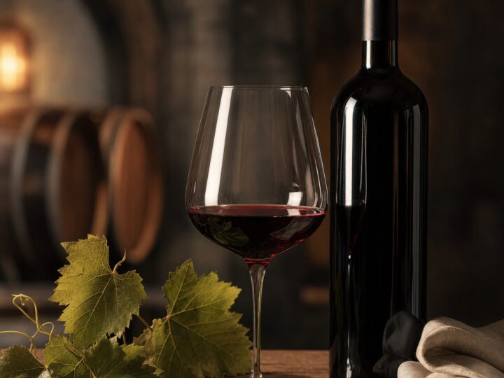 Eine Flasche Rotwein mit einem Rotweinglas im Weinkeller.
