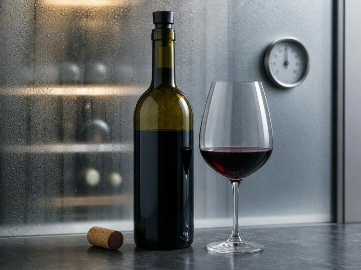 Eine wiederverschlossene Flasche und ein Glas Rotwein.