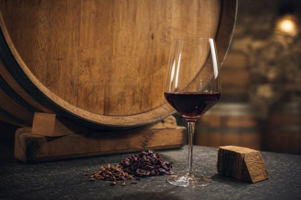 Ein Glas Rotwein vor einem Holzfass im Weinkeller.