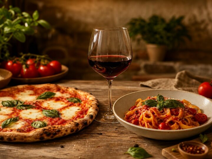 Ein Glas Rotwein mit Pizza und Nudelgericht in mediterranem Setting.