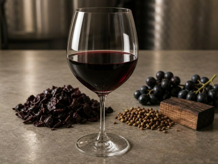 Ein Glas Rotwein mit Weintrauben, Maische und Holz.