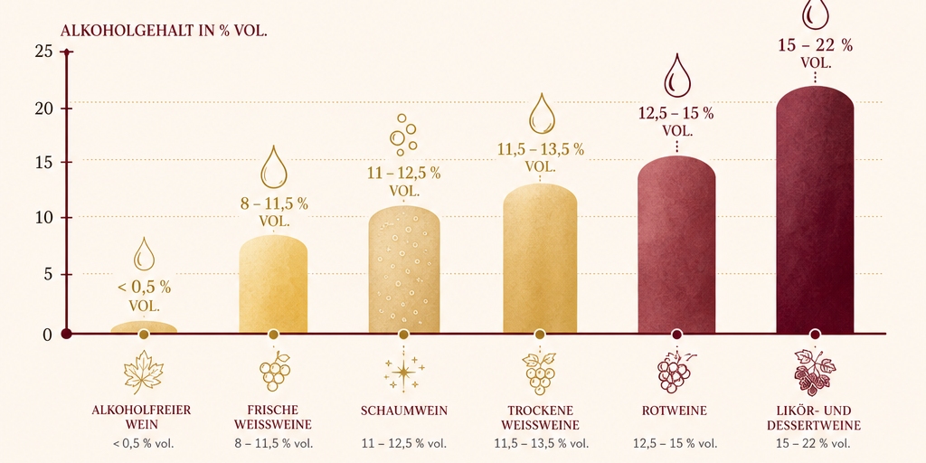 Infografik mit typischem Alkoholgehalt je nach Weintyp.