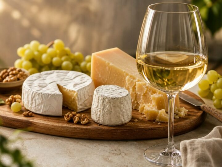 Eine Käseplatte mit verschiedenen Sorten, Nüssen, Weintrauben und einem Glas Weißwein.
