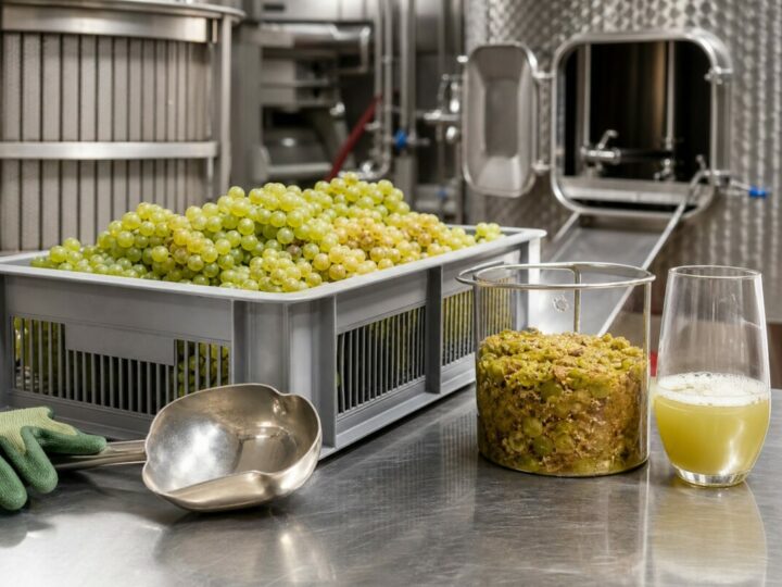 Weintrauben, Maische und ungefilterter Wein vor einem Edelstahltank in der Weinproduktion.
