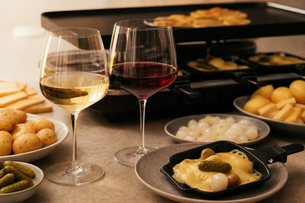 Zwei Gläser Weiß- und Rotwein vor einem Raclette-Grill mit typischen Beilagen.