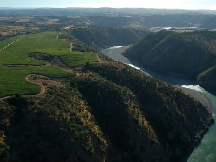 Ein Fluss meandert durch bergige Landschaft im chilenischen Ucuquer, über dem Hang Rebflächen.