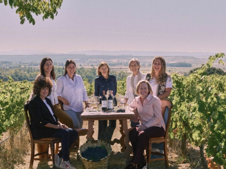 Familie Fernandez-Rivera von Tinto Pesquera am Tisch im Weinberg.
