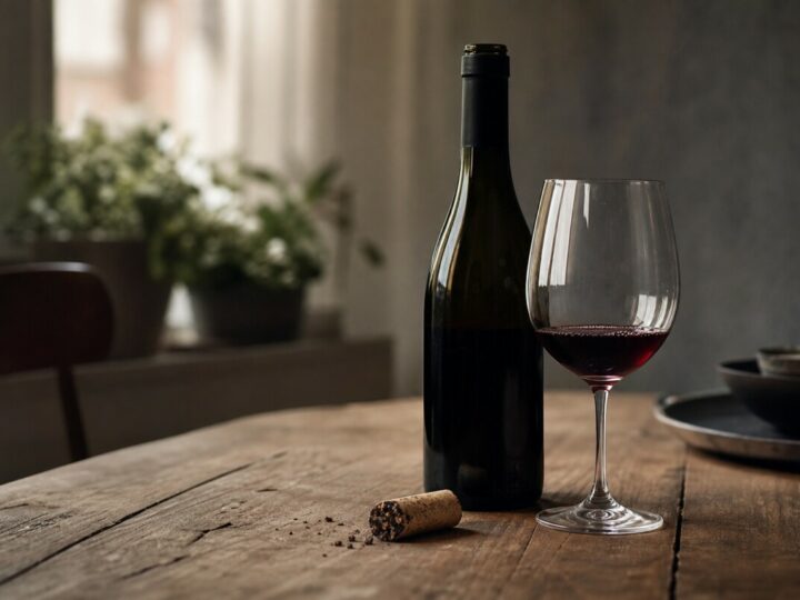 Eine Flasche und ein Glas Rotwein auf Küchentisch.