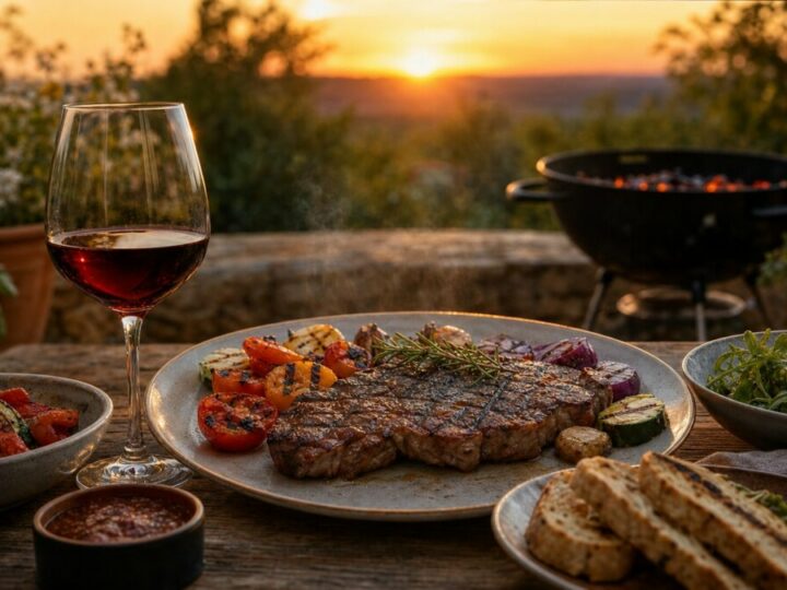 Gegrilltes Steak mit verschiedenen Beilagen und einem Glas Rotwein.