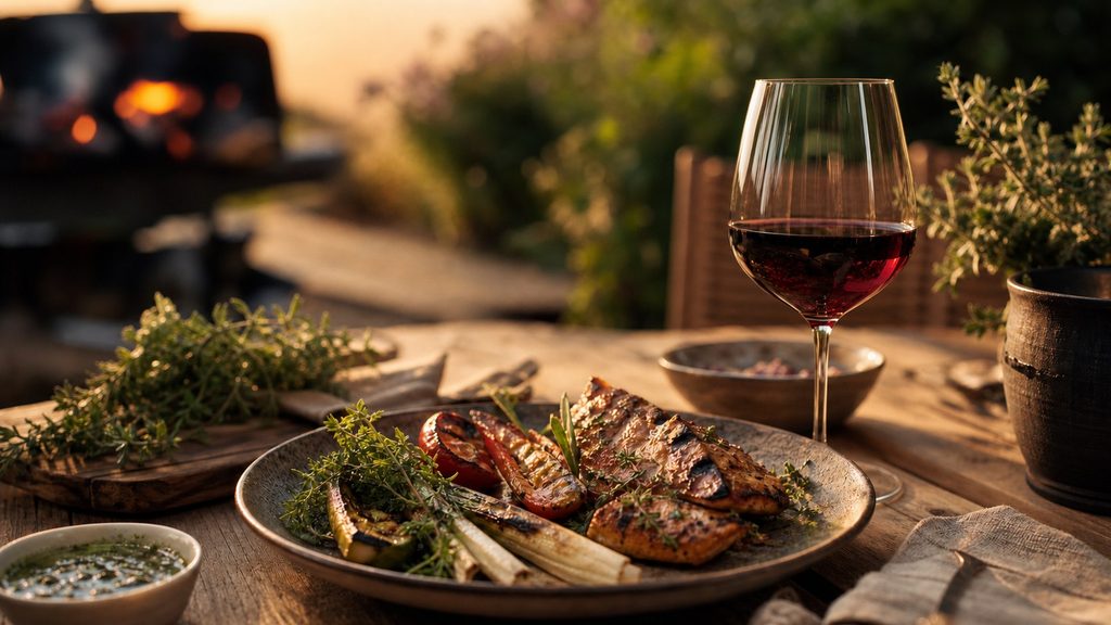 Grillgut mit Beilagen, dazu ein Glas Rotwein.