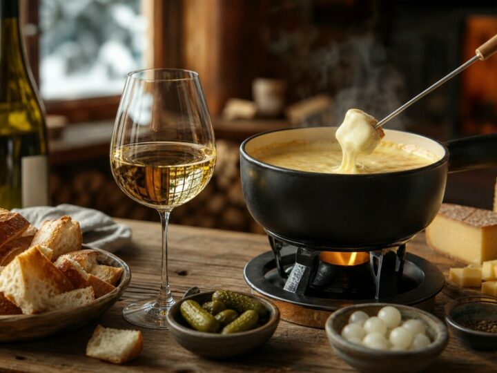 Käsefondue-Topf mit Beilagen und einem Glas Weißwein.