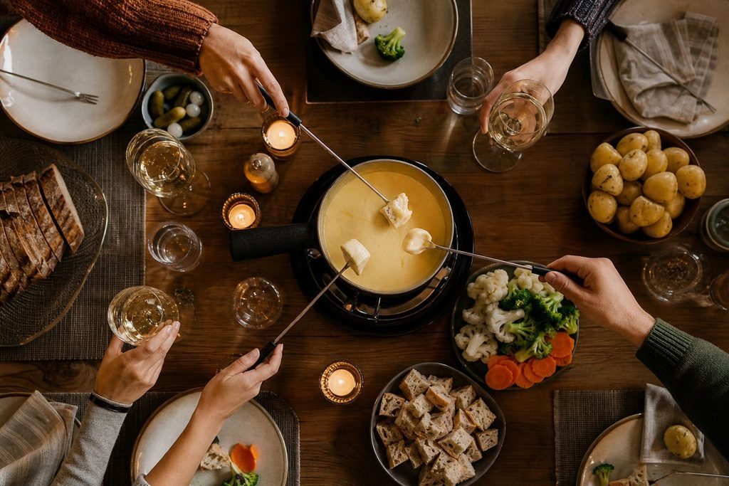 Ansicht von oben auf einen Käsefondue-Topf und Menschen mit Fondue-Spießen.