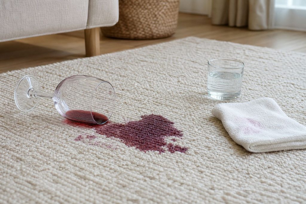 Rotwein-Fleck auf Teppich mit umgekipptem Rotweinglas.