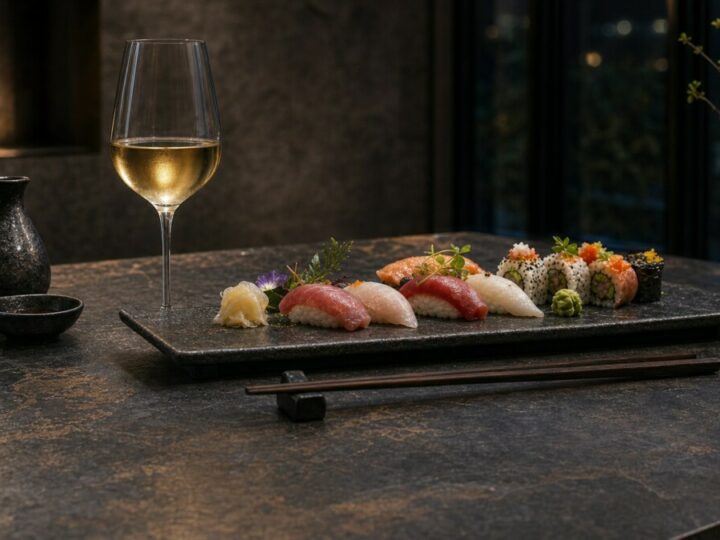 Gemischte Sushi-Platte mit einem Glas Weißwein.