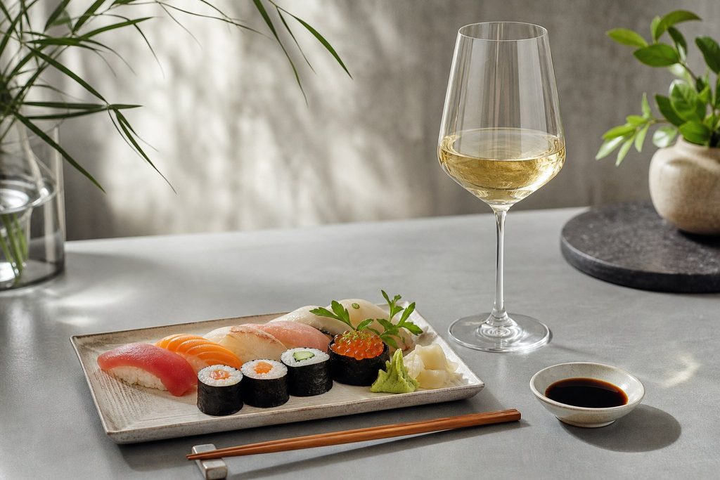 Ein Teller mit verschiedenen Sushi-Arten, dazu ein Glas Weißwein.